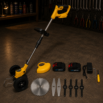 Мощный аккумуляторный триммер Krafftec Germany PRO 48V 6Ah &mdash; бесщёточный двигатель, 2 АКБ, телескопическая штанга &bull; Жёлтый | Тип штанги: прямая, телескопическая | Диаметр штанги: 26 мм | Диаметр кошения: 150 мм | Вес: 2,2 кг, Гарантия 3 года 22373-2 фото