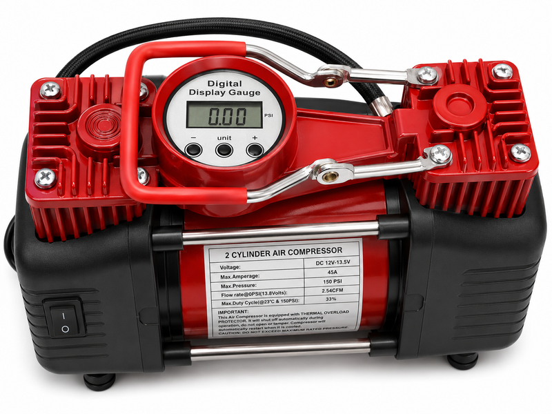 Мощный двухпоршневой автомобильный компрессор Linder 12V 85 л/мин &mdash; кейс, насадки, 3 года гарантии | Тип: поршневой компрессор | Система: двухпоршневая | Мощность: 850 Вт | Производительность: 85 л/мин | Максимальное давление: 10 атм, Гарантия 3 года 22380-1 фото