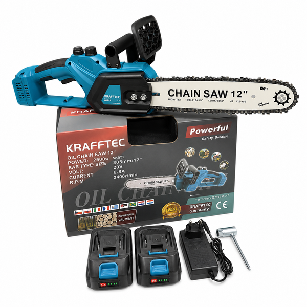 Профессиональная аккумуляторная пила Krafftec Germany 12" &mdash; 3 цепи, бесщёточный двигатель синяя 2345678201 фото