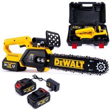 Акумуляторна ланцюгова безщіткова пила DeWalt (36V, 6 Ah) АКБ пила Девольт для дачі з шиною | Номінальна напруга: 36 В | Ємність АКБ: 6.0 А/год | Довжина шини: 30 см | Шаг цепи: 3/8" | Швидкість обертання ланцюга: 16 м/сек, Гарантія 3 роки eb-1149-1 фото