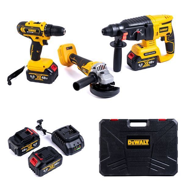 Набір акумуляторний DeWalt 3в1 48 V (Шурупокрут +Перфоратор +Болгарка) АКБ набір Деволт | Максимальна кількість обертів: 0-2800 об/хв | Максимальний крутний момент: 52 Hm | Тип патрона: швидкозатискний | Час заряджання: 90 хв., Гарантія 3 роки 12370-1 фото