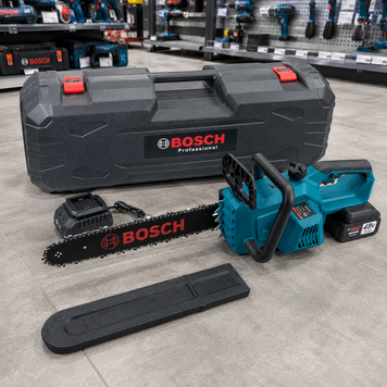 Безщіткова акумуляторна пила BOSCH (48V, 6 Ah) Потужна пила Бош із шиною 40 см для дров | Об'єм оливного бака: - 150 мл | Безключове регулювання натягу ланцюга: - є | Тип оливного насоса: автоматичний | Вага: - 4,8 кг, Гарантія 3 роки 65212-2 фото