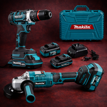 Бесщеточный аккумуляторный набор Makita 2в1 48V Ударный шуруповерт +Болгарка PRO АКБ Макита | Максимальный диаметр сверления (дерево): 60 мм | Максимальный диаметр сверления (кирпич): 18 мм | Тип патрона: быстрозажимной | Вес: 1,9 кг, Гарантия 3 года 12389-2 фото