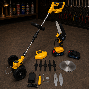 Мощный садовый комплект Krafftec Germany PRO 2в1 &mdash; мини-пила, триммер, 2 АКБ | Натяжение цепи: ключевое | Объём масляного бака: 75 мл | Автоматическая смазка цепи: есть | Вес: 1,2 кг | Шаг цепи: 1/4" | Длина шины: 15 см, Гарантия 3 года 22374-2 фото