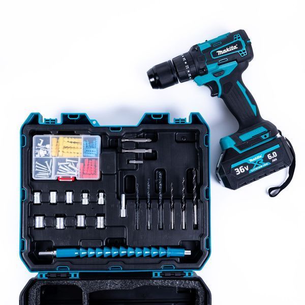 Акумуляторний ударний шуруповерт Makita (36V, 6AH) Безщітковий шуруповерт Макіта 13 мм із набором 123106 фото