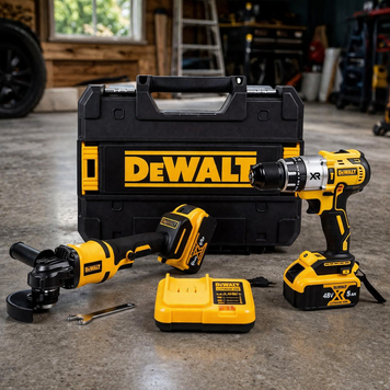 Набір DeWalt 2в1 акумуляторний (48V 6Ah) Шуруповерт + Болгарка безщітковаНабір Деволт з 2 АКБ | Кількість ступенів затягування: 25 | Максимальний діаметр свердління (дерево): 60 мм | Максимальний діаметр свердління (бетон): 20 мм, Гарантія 3 роки 123118-2 фото
