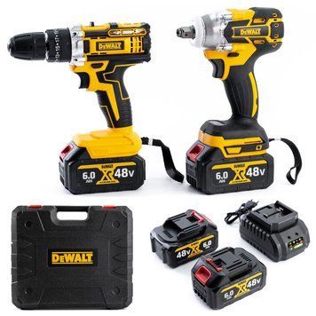Набір акумуляторний DeWalt 2в1 48 V (Шуруповерт +Гайковерт безщітковий) АКБ набір Деволт 2в1 | Максимальний діаметр свердління (дерево): 60 мм | Максимальний діаметр свердління (метал): 20 мм | Акумулятор (літій-іонний): 48V, 6.0AH, Гарантія 3 роки eb-1175-2 фото