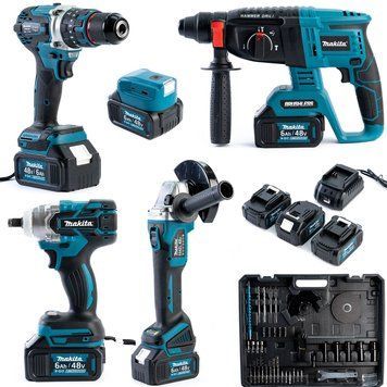 Набір 5в1 Makita 48V &mdash; 3 шт АКБ (Шуруповерт Болгарка, Гайковерт, Перфоратор, Ліхтар) Набір АКБ Макіта | Потужність: 48В | Акумулятор (літій-іонний): - 48V/6.0Ah | Тип двигуна: безщітковий | Число обертів: 0-1500 об/хв | Вага: 1,9 кг, Гарантія 3 роки eb-1135-1 фото