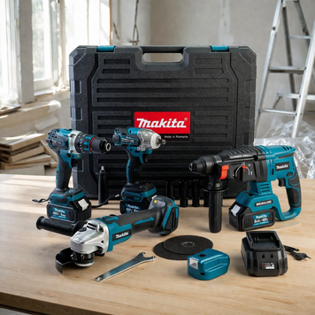 Набор 5в1 Makita 48V - 3 шт АКБ (Шуруповерт, Болгарка, Гайковерт, Перфоратор, Фонарь с Повербанком) | Мощность: 48В | Аккумулятор (литий-ионный): - 48V/6.0Ah | Тип двигателя: бесщеточный | Число оборотов: 0-1500 об/мин | Вес: 1,9 кг, Гарантия 3 года 12334-1 фото
