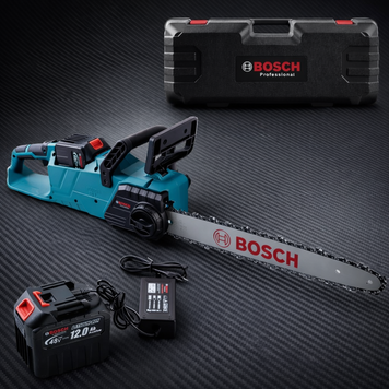 Акумуляторна ланцюгова пила Bosch (48V, 12 A/h) Безщіткова АКБ пила Бош шина 45 см для дров | Тип живлення: акумуляторна | Довжина шини: 45 см (18 дюймів) | Крок ланцюга: 3/8" | Швидкість обертання ланцюга: 20 м/с, Гарантія 3 роки 12368-1 фото