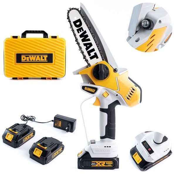 Бесщеточная аккумуляторная цепная мини-пила DeWalt  (24V, 5AH) Пила Деволт с шиной 15 см с двумя акб 95521 фото