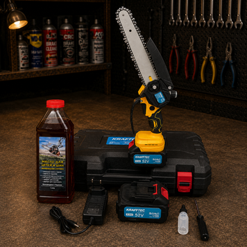 Мощная аккумуляторная бесщёточная мини-пила Krafftec Germany PRO 48V 6Ah &mdash; шина 20 см, 2 АКБ, 1 л масла в подарок, 3 года гарантии | Шаг цепи: 1/4" | Скорость цепи: 17 м/с | Число оборотов: 6000 об/мин | Уровень шума: пониженный, Гарантия 3 года 22376-2 фото