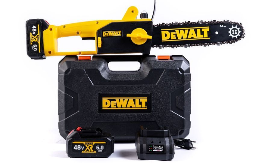 Акумуляторна ланцюгова пила DeWalt (48V, 6 Ah) Безщіткова АКБ пила Девольт із шиною 30 см для дачі | Об'єм оливного бака: 120 мл | Тип двигуна: безщітковий | Тип масляного насоса: напівавтоматичний | Безключова натяжка ланцюга: є, Гарантия 3 года eb-1152-2 фото
